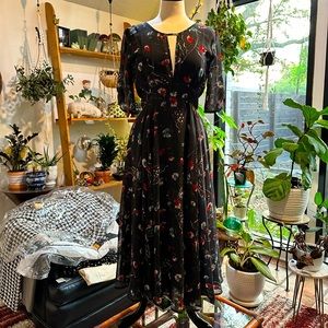 Free People Bonnie Floral Midi Black and Red Floral with Butterflies Dress